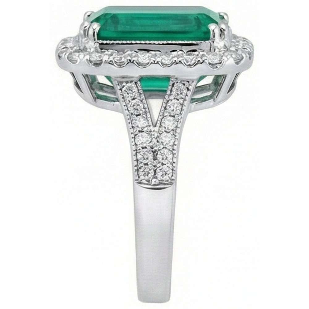 Weißgold Grüner Smaragd & Aus der Erde Abgebauter Natürlicher Diamant Schmuck 5,80 Karat Edelsteinring