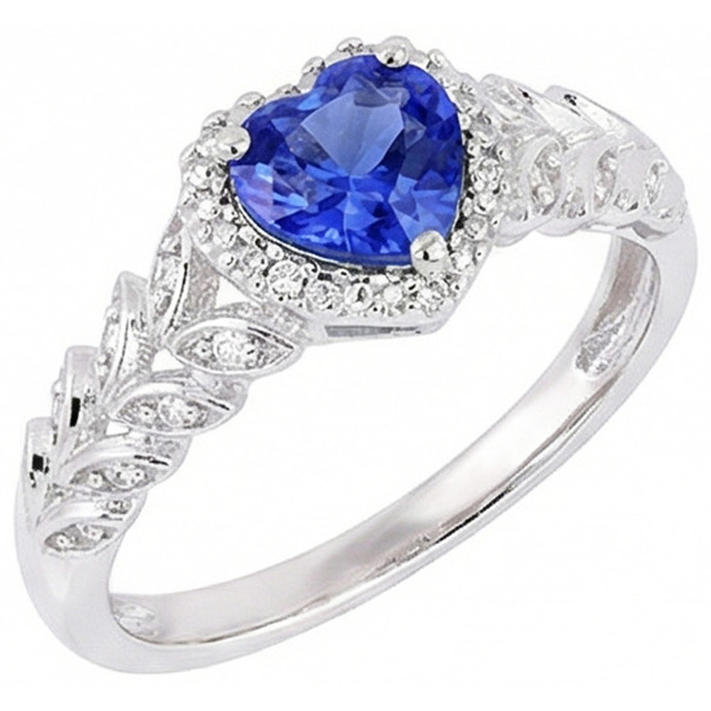 Weißgold Halo Heart Blue Saphir Ring Leaf Style 2,50 Karat