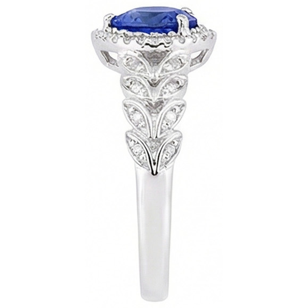 Weißgold Halo Heart Blue Saphir Ring Leaf Style 2,50 Karat