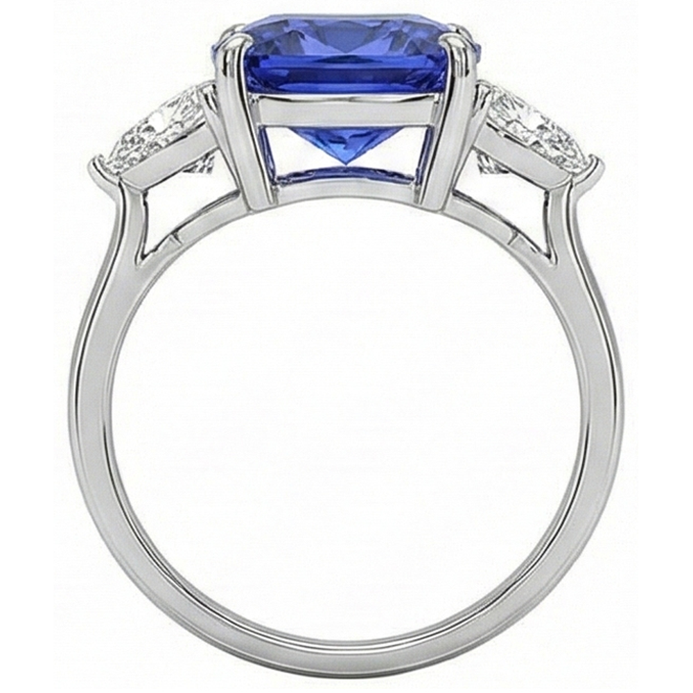 Weißgold Kissen Ceylon Blauer Saphir Aus der Erde Abgebauter Natürlicher Diamant 3 Karat 3 Steine Ring
