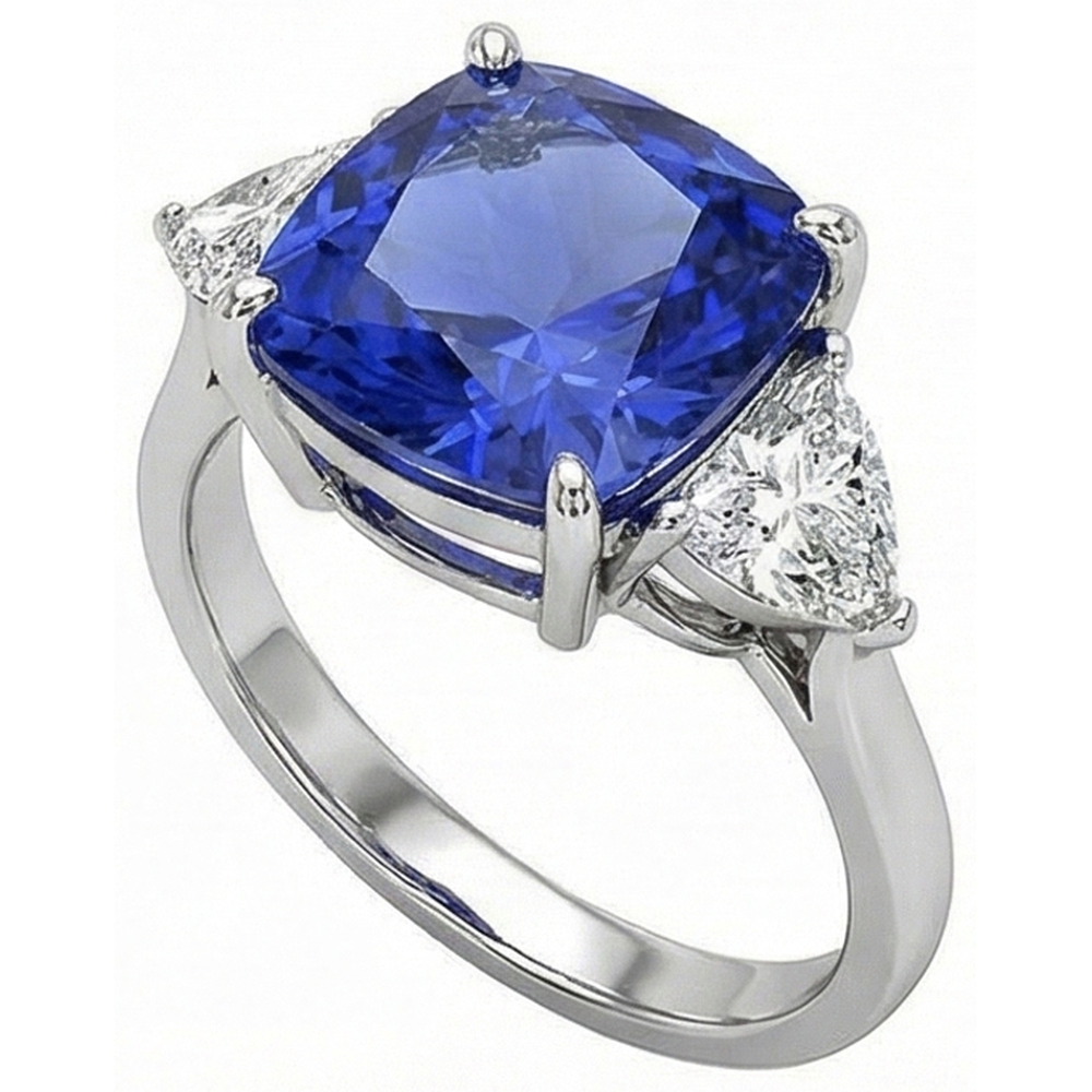 Weißgold Kissen Ceylon Blauer Saphir Aus der Erde Abgebauter Natürlicher Diamant 3 Karat 3 Steine Ring