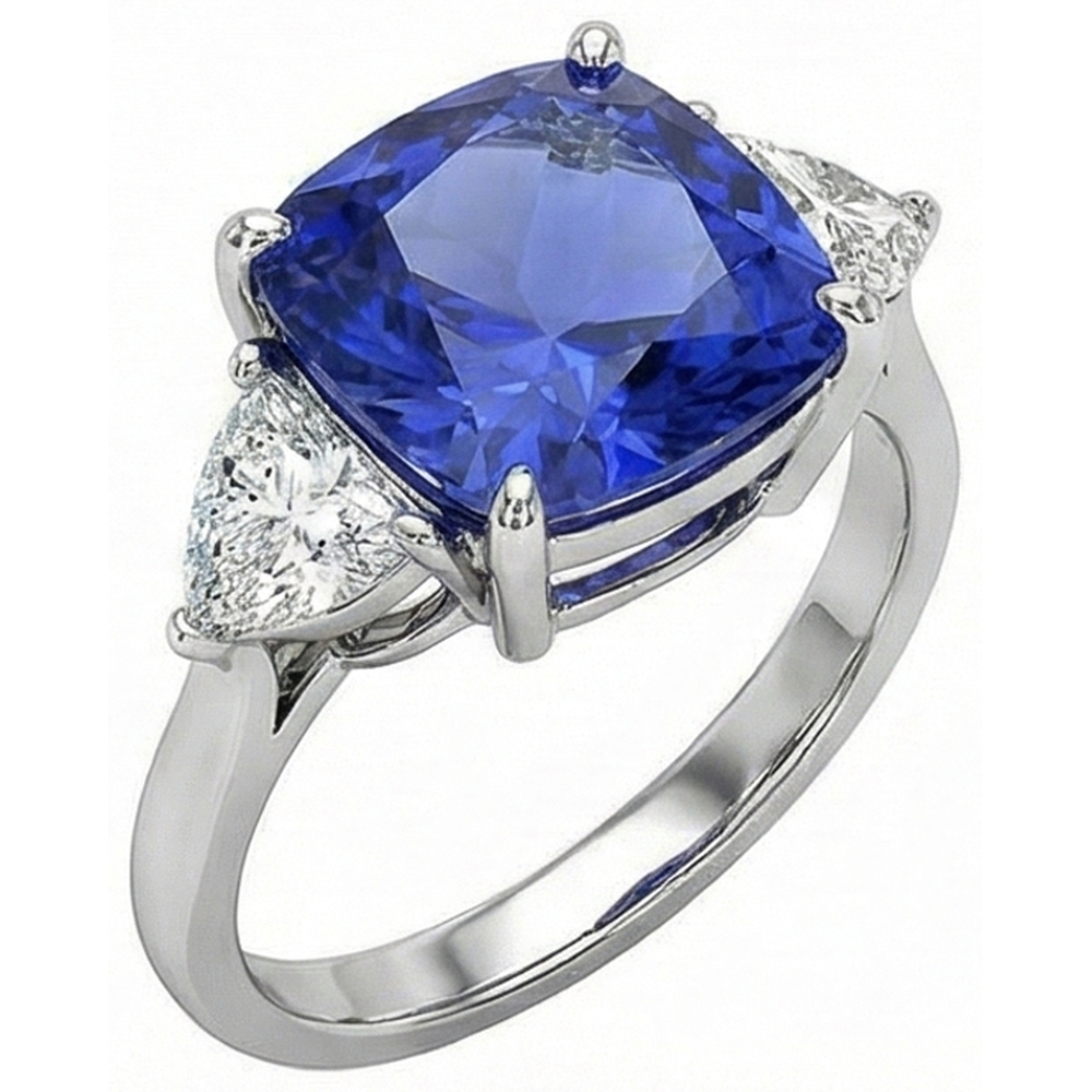 Weißgold Kissen Ceylon Blauer Saphir Aus der Erde Abgebauter Natürlicher Diamant 3 Karat 3 Steine Ring