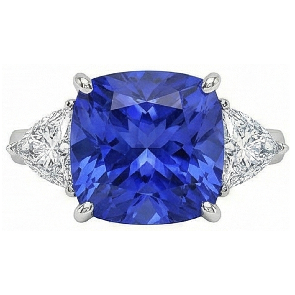 Weißgold Kissen Ceylon Blauer Saphir Aus der Erde Abgebauter Natürlicher Diamant 3 Karat 3 Steine Ring