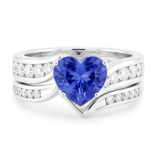 Weißgold-Natürlicher Diamant ( nicht im Labor gezüchtet )-Verlobungsring mit blauem Saphir, 4 Karat