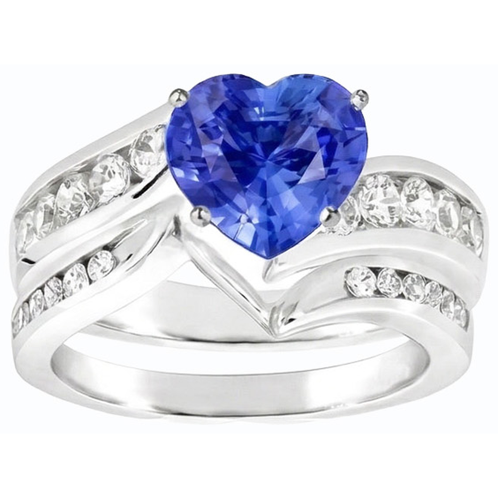 Weißgold-Natürlicher Diamant ( nicht im Labor gezüchtet )-Verlobungsring mit blauem Saphir, 4 Karat