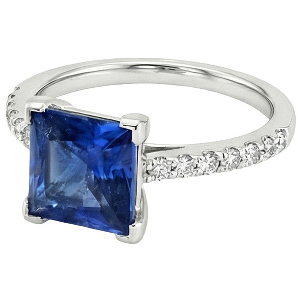 Weißgold Ring Solitaire Ceylon Blauer Saphir Mit Akzenten 4 Karat