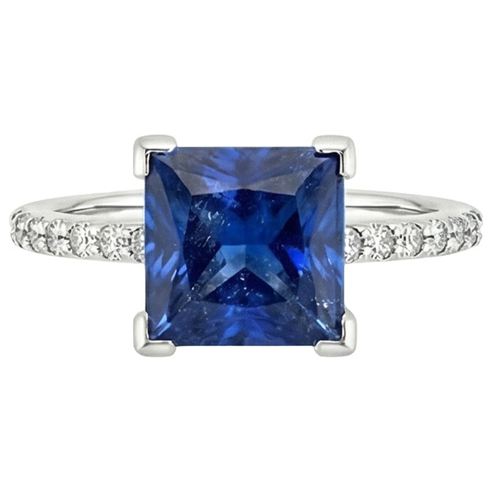Weißgold Ring Solitaire Ceylon Blauer Saphir Mit Akzenten 4 Karat