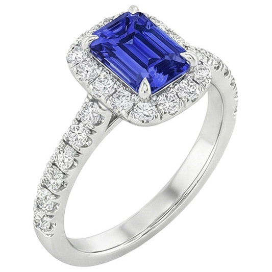 Weißgold Solitär mit Akzenten Ring Blauer Saphir & Aus der Erde Abgebauter Natürlicher Diamant 5 Karat