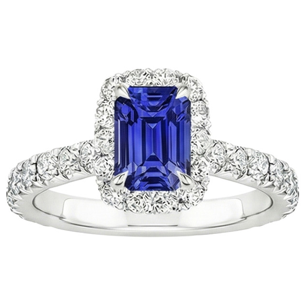 Weißgold Solitär mit Akzenten Ring Blauer Saphir & Aus der Erde Abgebauter Natürlicher Diamant 5 Karat