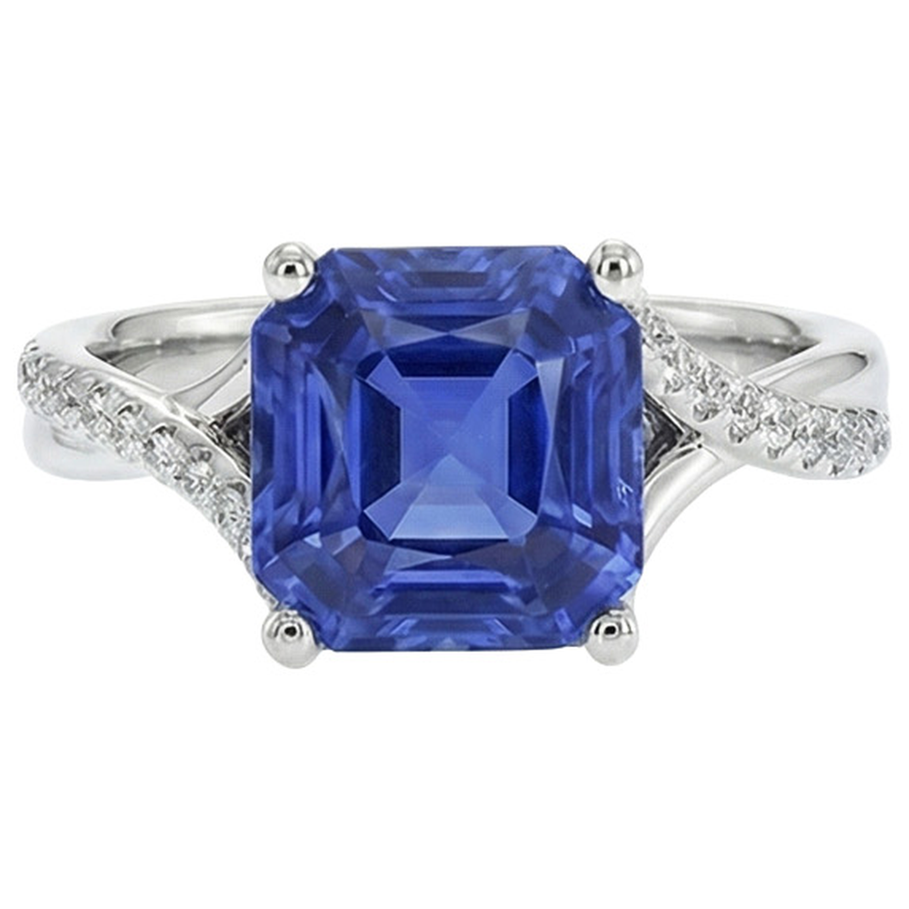 Weißgold-Solitärring mit blauem Saphir und Akzenten 4,50 Karat