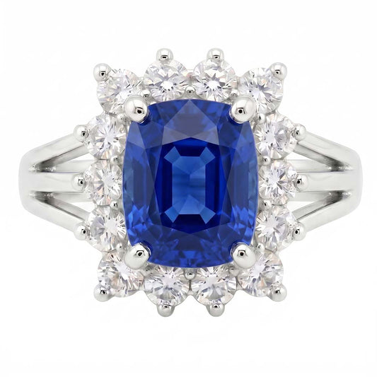 Weißgold Sri Lanka Saphir Kissen Aus der Erde Abgebauter Natürlicher Diamanten Ring 6 Ct