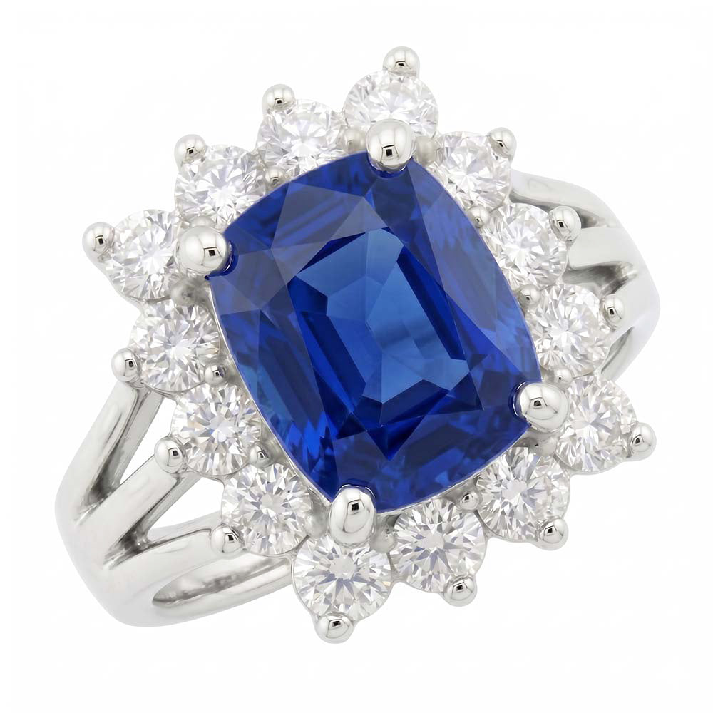 Weißgold Sri Lanka Saphir Kissen Aus der Erde Abgebauter Natürlicher Diamanten Ring 6 Ct