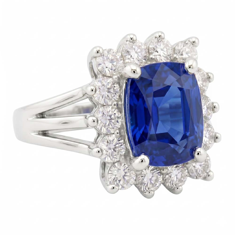 Weißgold Sri Lanka Saphir Kissen Aus der Erde Abgebauter Natürlicher Diamanten Ring 6 Ct