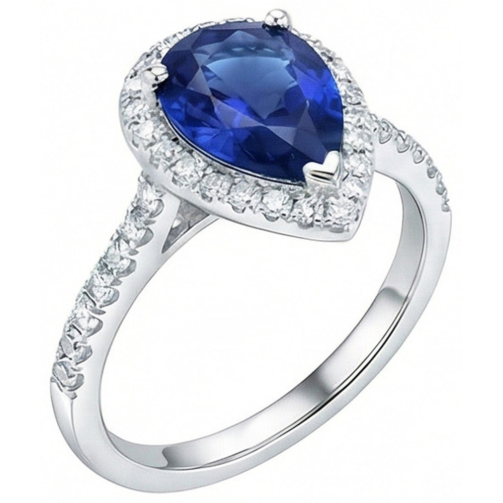 Weißgoldschmuck 3.25 Karat Ring mit Birnendiamant und Saphir