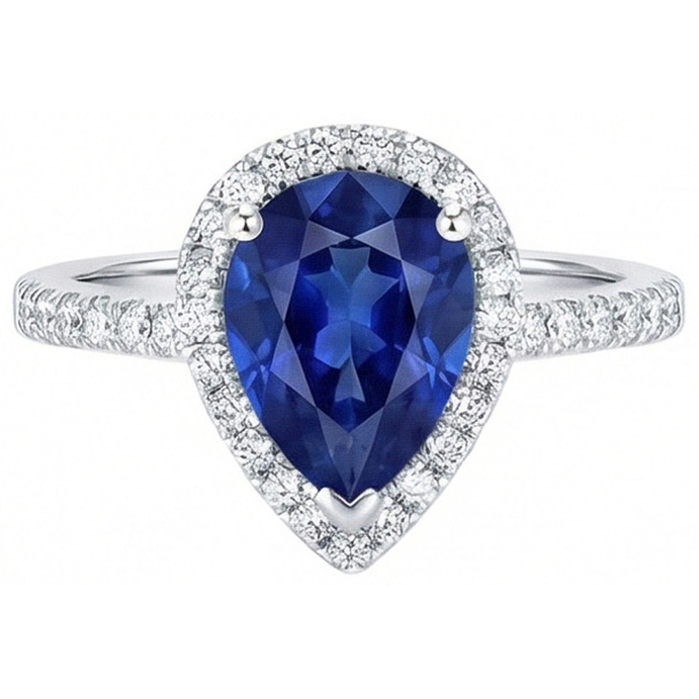Weißgoldschmuck 3.25 Karat Ring mit Birnendiamant und Saphir