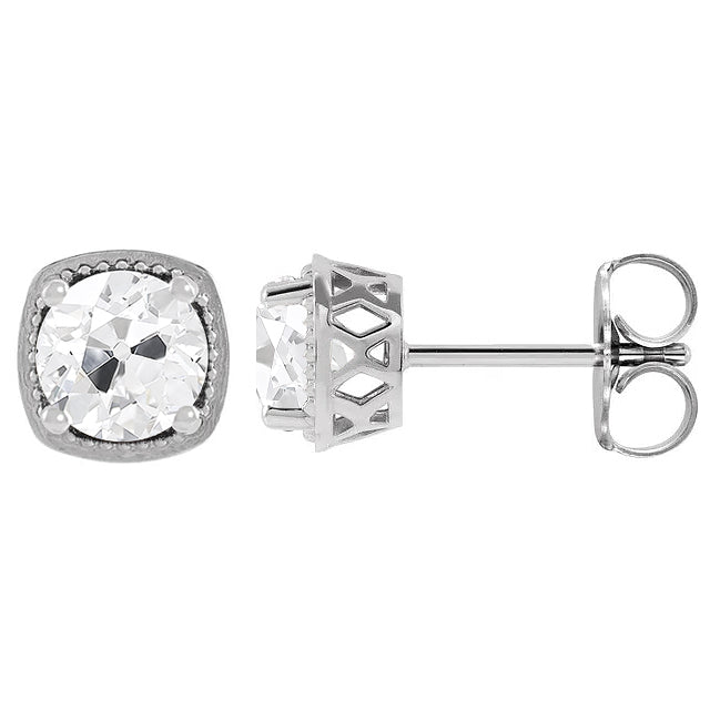 Diamant Antik-Kissen-Schliff Ohrstecker in 14K Weißgold – Frontansicht