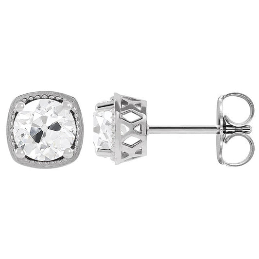 Diamant Antik-Kissen-Schliff Ohrstecker in 14K Weißgold – Frontansicht