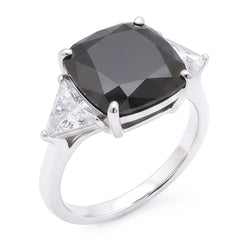 Schwarzer Damen-Verlobungsring 3,6 Karat echter Diamant im Kissenschliff Trillant Dreistein 14 Karat Weißgold