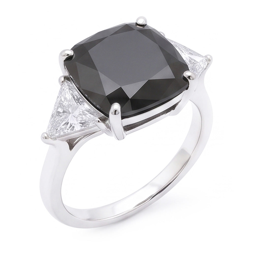 Schwarzer Damen-Verlobungsring 3,6 Karat echter Diamant im Kissenschliff Trillant Dreistein 14 Karat Weißgold