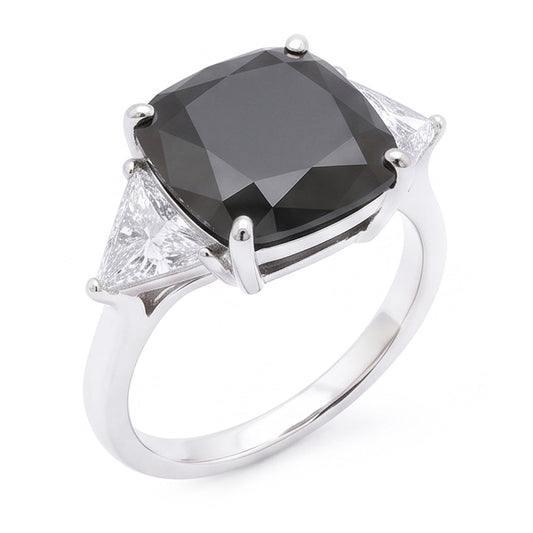 Schwarzer Damen-Verlobungsring 3,6 Karat echter Diamant im Kissenschliff Trillant Dreistein 14 Karat Weißgold