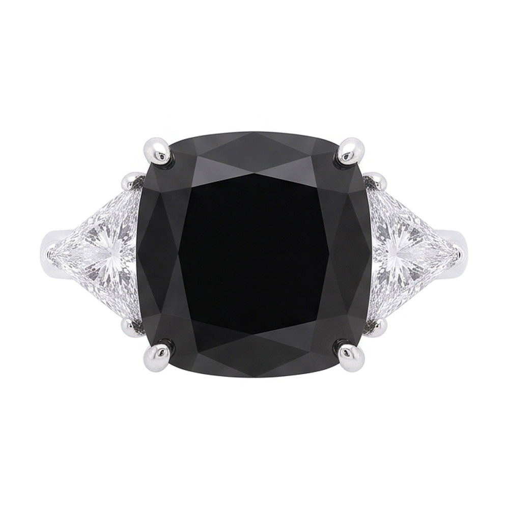 Schwarzer Damen-Verlobungsring 3,6 Karat echter Diamant im Kissenschliff Trillant Dreistein 14 Karat Weißgold