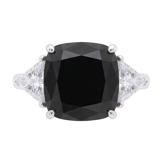 Schwarzer Damen-Verlobungsring 3,6 Karat echter Diamant im Kissenschliff Trillant Dreistein 14 Karat Weißgold