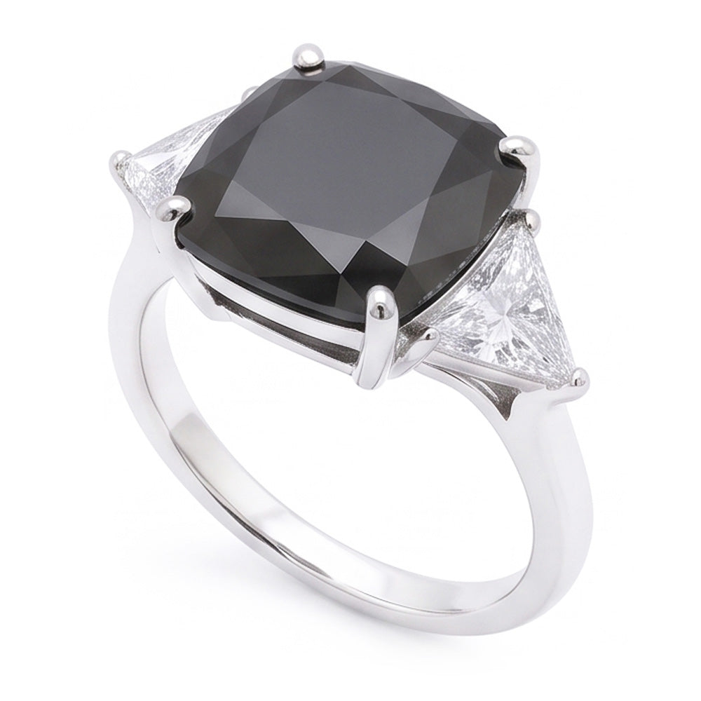 Schwarzer Damen-Verlobungsring 3,6 Karat echter Diamant im Kissenschliff Trillant Dreistein 14 Karat Weißgold