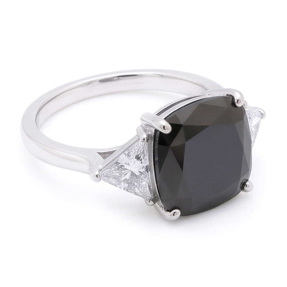 Schwarzer Damen-Verlobungsring 3,6 Karat echter Diamant im Kissenschliff Trillant Dreistein 14 Karat Weißgold