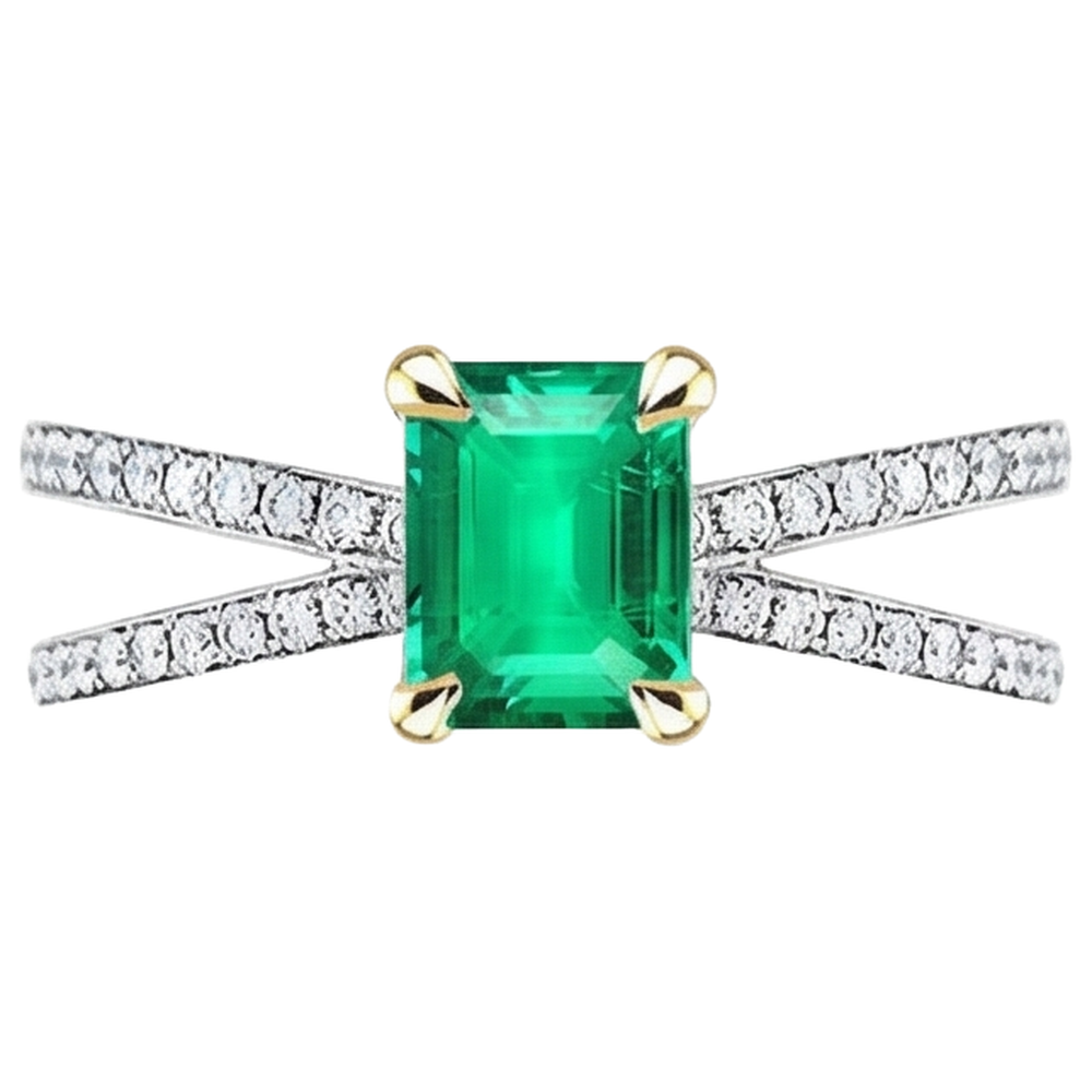 Treppen-Schliff Edler Smaragd Ring in Zweifarbiges 14K Gold – Schrägansicht