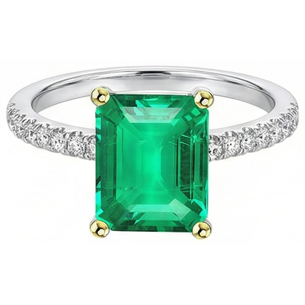 Schmuckstein-Ring 14 Karat Zweifarbig Gold mit Smaragd – Schrägansicht