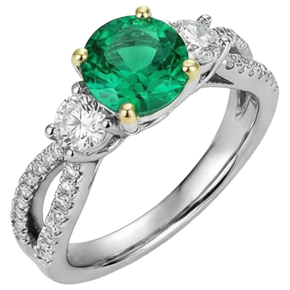 Rund-Brillant Edler Smaragd Ring in 14 Karat Zweifarbig Gold – Schrägansicht