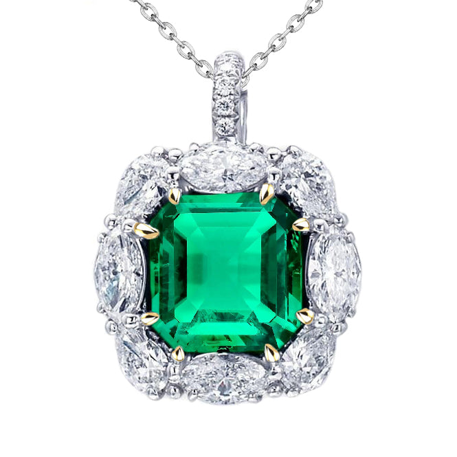 Edler Smaragd Asscher Stein-Halskette in Zweifarbiges 14K Gold – Hauptansicht