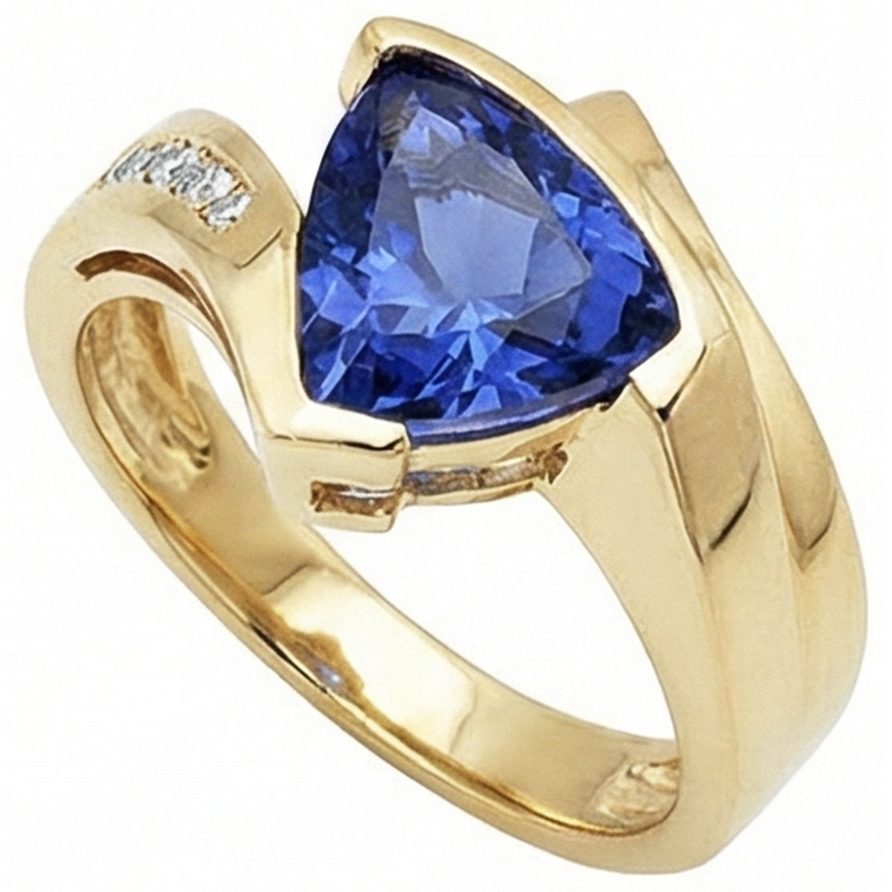 Wunderschöner Tansanit Trillion Aus der Erde Abgebauter Natürlicher Diamanten Gelbgold Ring 1,95 Karat