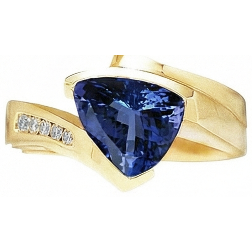 Wunderschöner Tansanit Trillion Aus der Erde Abgebauter Natürlicher Diamanten Gelbgold Ring 1,95 Karat