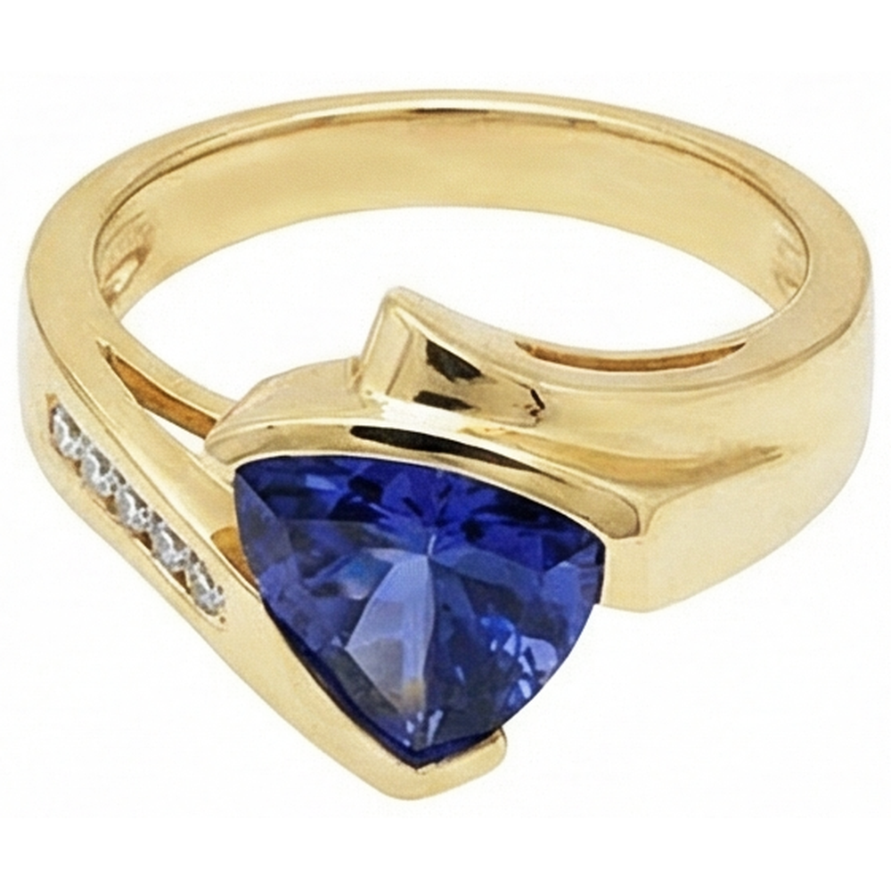 Wunderschöner Tansanit Trillion Aus der Erde Abgebauter Natürlicher Diamanten Gelbgold Ring 1,95 Karat