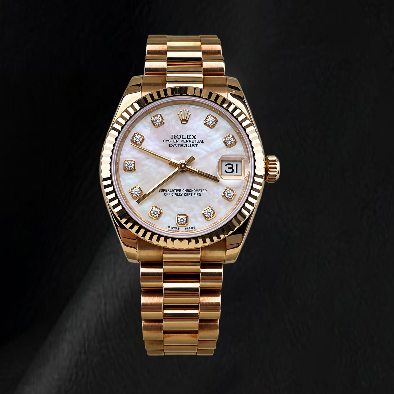 Rolex President 31 mm Gelbgold Uhr Jahr 2011 Weißes Perlmutt-Diamantzifferblatt
