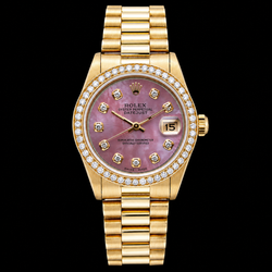 Rolex 31 mm Gelbgold President mit burgunderrotem Perlmutt-Diamantzifferblatt Uhr