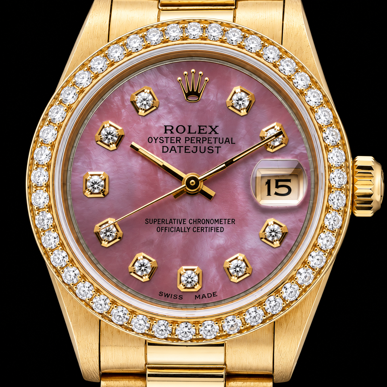 Rolex 31 mm Gelbgold President mit burgunderrotem Perlmutt-Diamantzifferblatt Uhr
