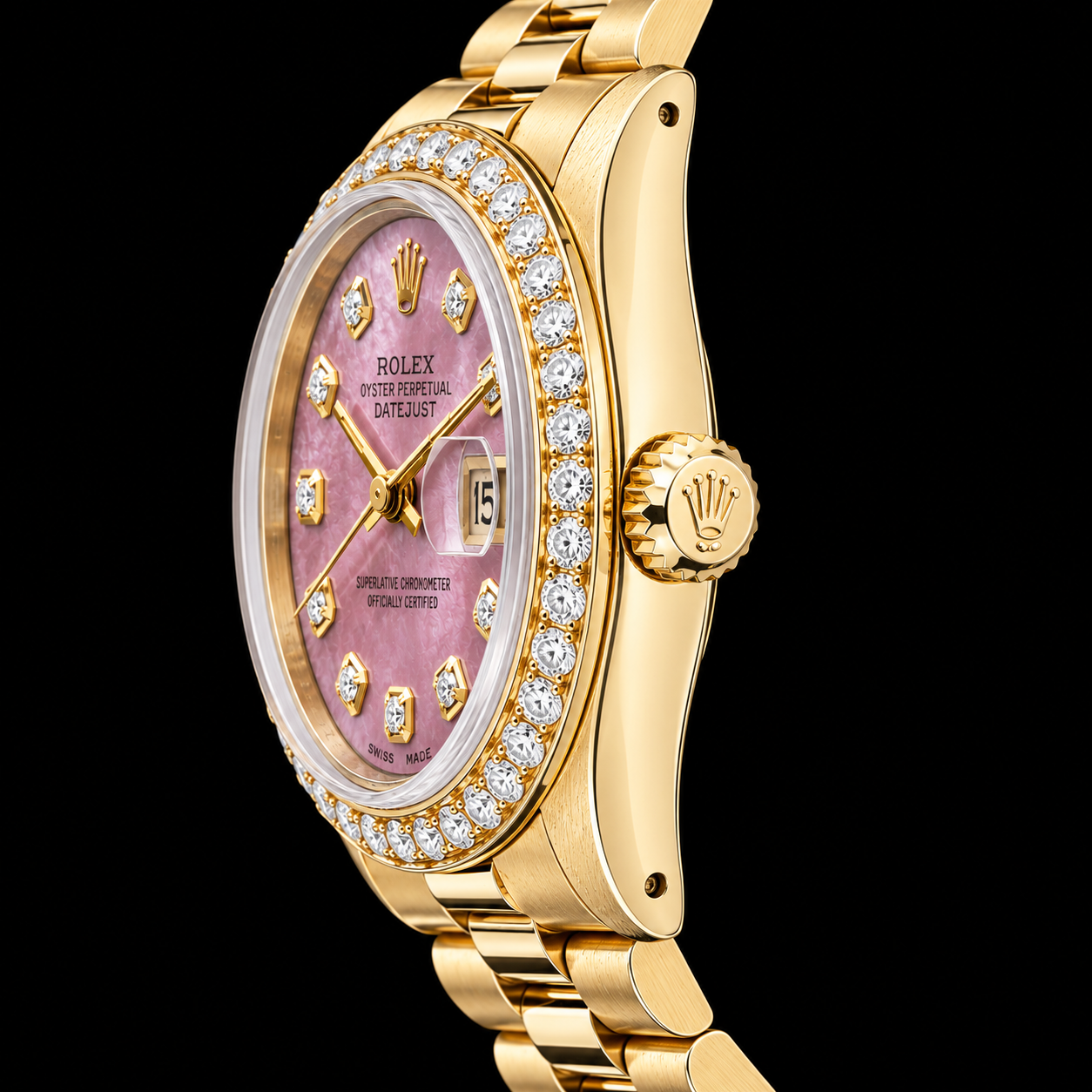 Rolex 31 mm Gelbgold President mit burgunderrotem Perlmutt-Diamantzifferblatt Uhr