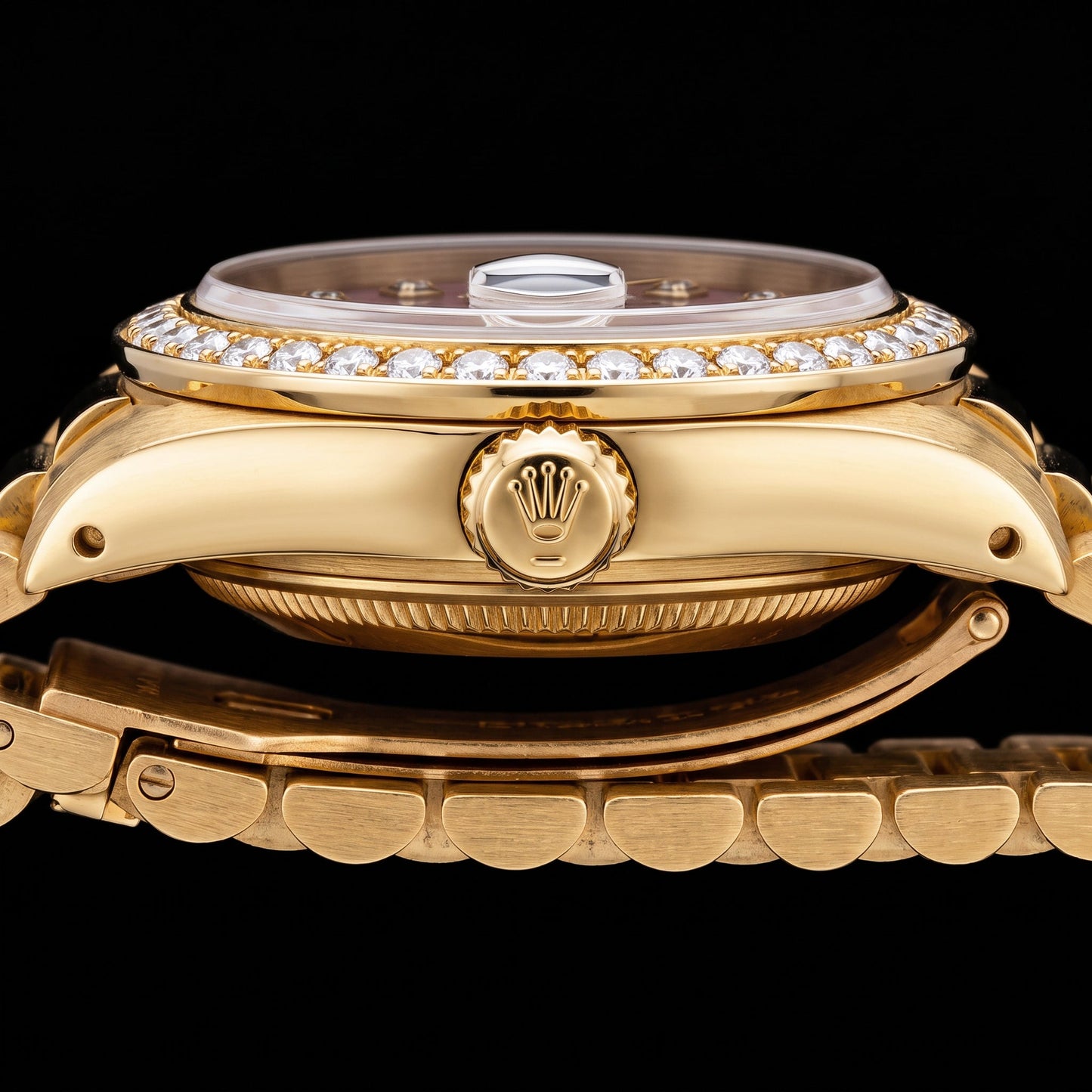 Rolex 31 mm Gelbgold President mit burgunderrotem Perlmutt-Diamantzifferblatt Uhr