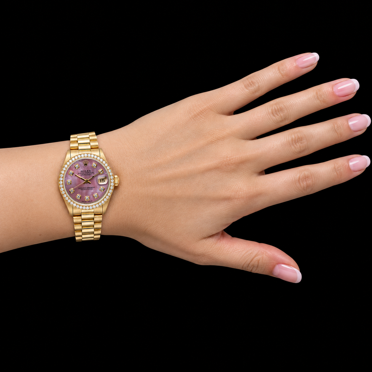 Rolex 31 mm Gelbgold President mit burgunderrotem Perlmutt-Diamantzifferblatt Uhr