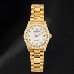 Rolex President 31 mm Gelbgold Uhr mit weißem Perlmutt-Diamantzifferblatt