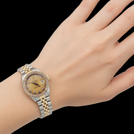 Zweifarbige Damenuhr Rolex Datejust mit Champagner-Diamant-Zifferblatt und Lünette