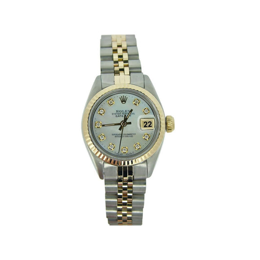 Zweifarbige Rolex Date Just Damenuhr mit geriffelter Lünette und Diamantzifferblatt
