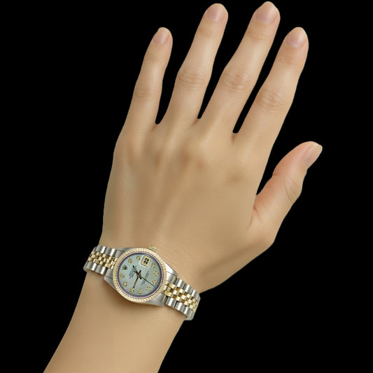 Zweifarbige Rolex Date Just Damenuhr mit geriffelter Lünette und Diamantzifferblatt P2