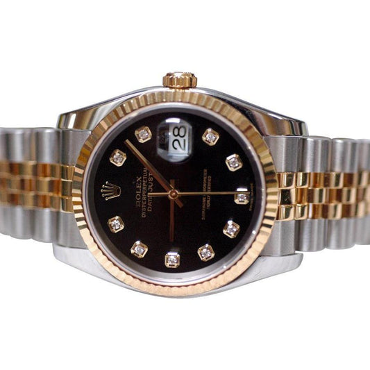 Zweifarbige Rolex Date Just Uhr mit schwarzem Diamantzifferblatt für Herren

