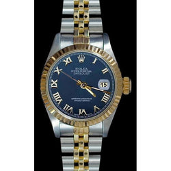 Zweifarbige, geriffelte Lünette, Datejust-Damenuhr, blaues römisches Zifferblatt, Rolex