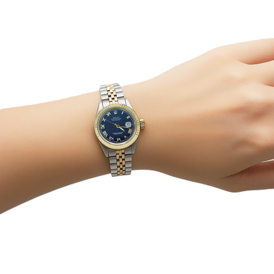 Zweifarbige, geriffelte Lünette, Datejust-Damenuhr, blaues römisches Zifferblatt, Rolex