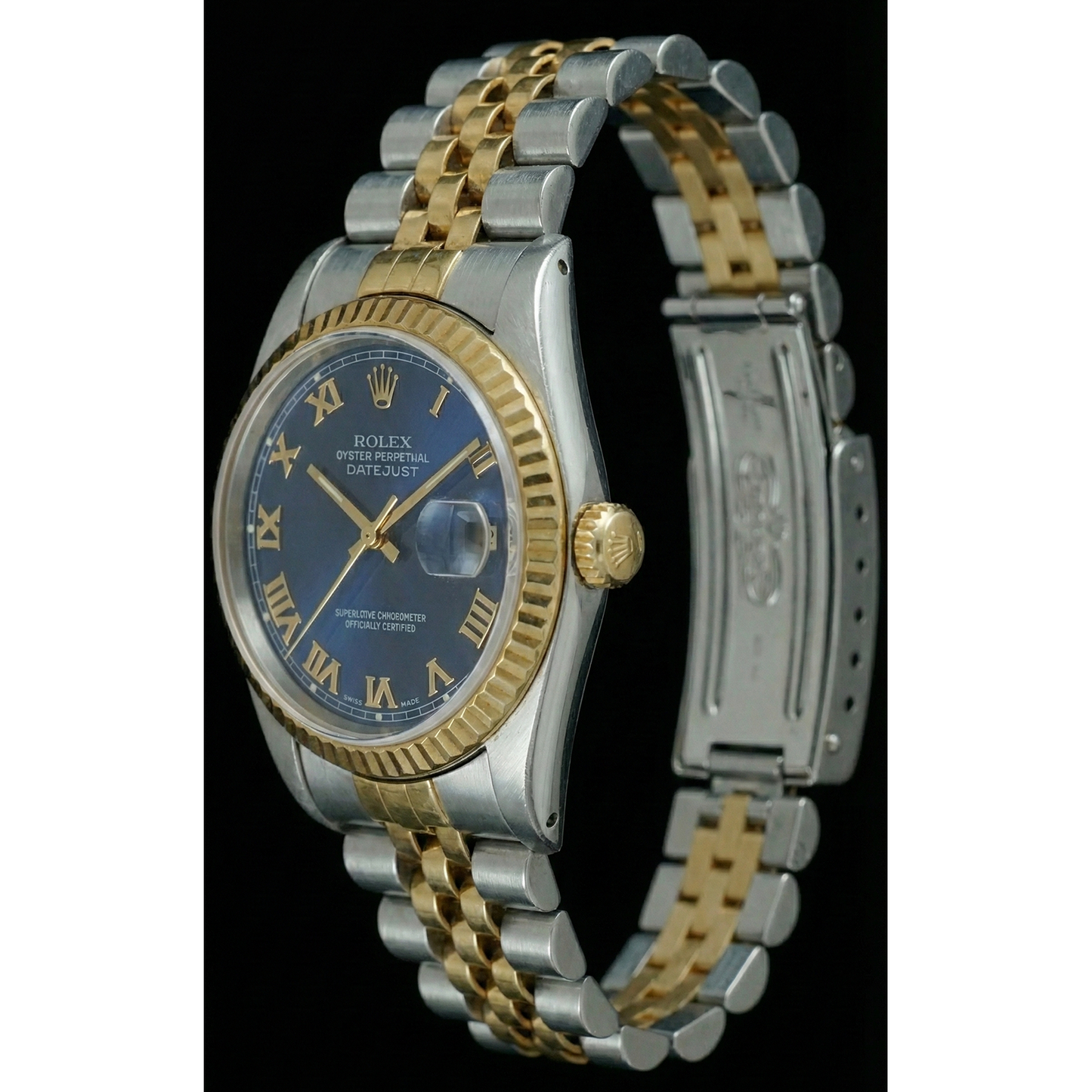 Zweifarbige, geriffelte Lünette, Datejust-Damenuhr, blaues römisches Zifferblatt, Rolex