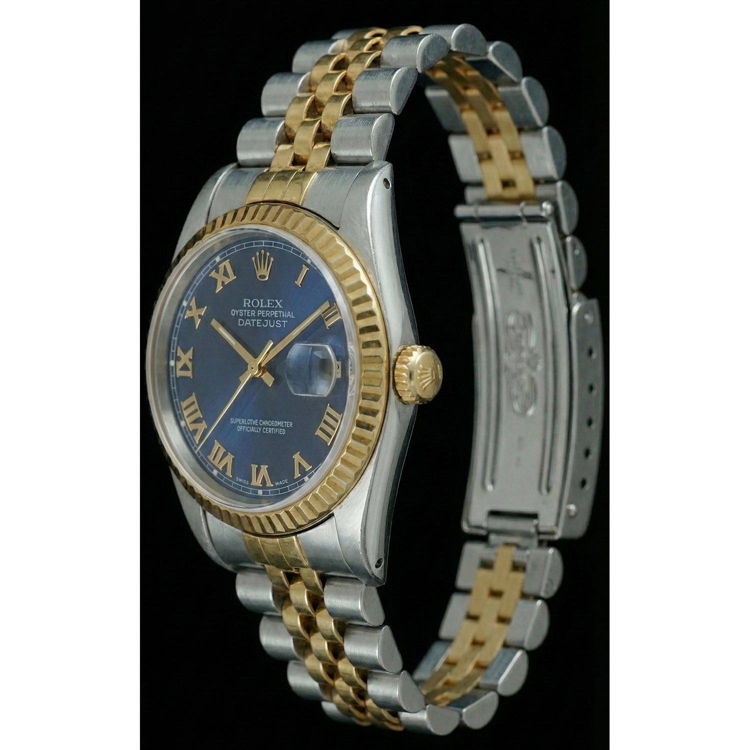 Zweifarbige, geriffelte Lünette, Datejust-Damenuhr, blaues römisches Zifferblatt, Rolex
